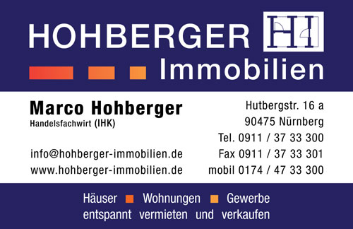 Visitenkarte Hohberger Immobilien, Telefon +49 911 3733300, mobil +49 174 47 333000